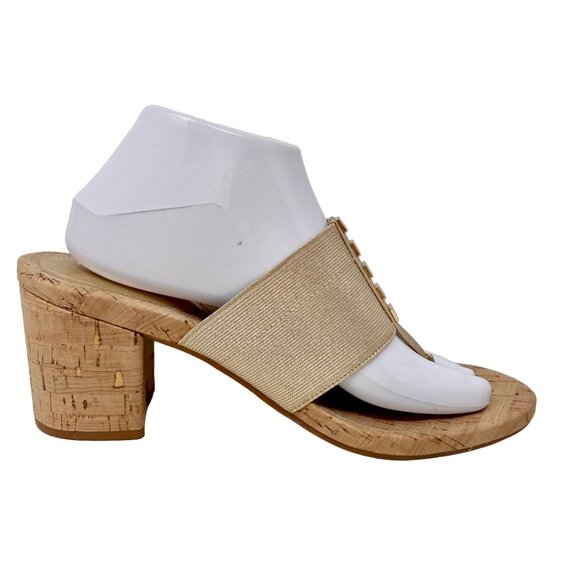Alex Marie Metallic Gold Cork Heel Toe Peg Sandal Metal Accents 10M - Picture 5 of 9
